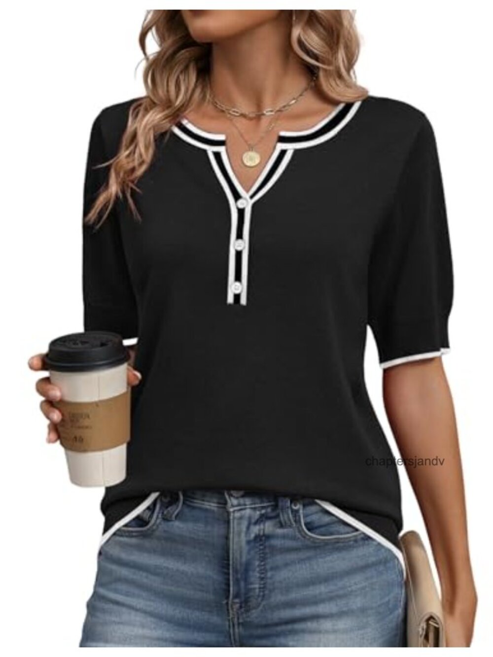 Women's Short Sleeve V-Neck Sweater Loose Fit Knit Pullover Business Casual